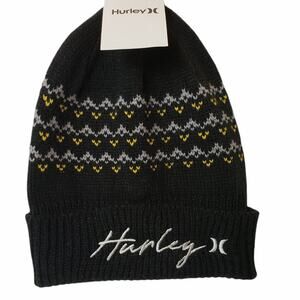 NWT Hurley Womens Cuffed Knit Vail Beanie Black Embroidered Logo Hat Snow